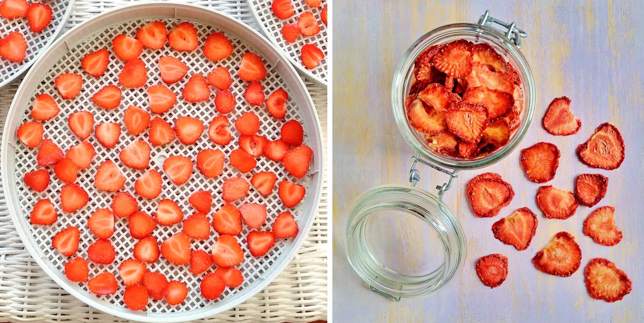 Sliced_strawberriesready_for_drying_and_dried_strawberry_slices