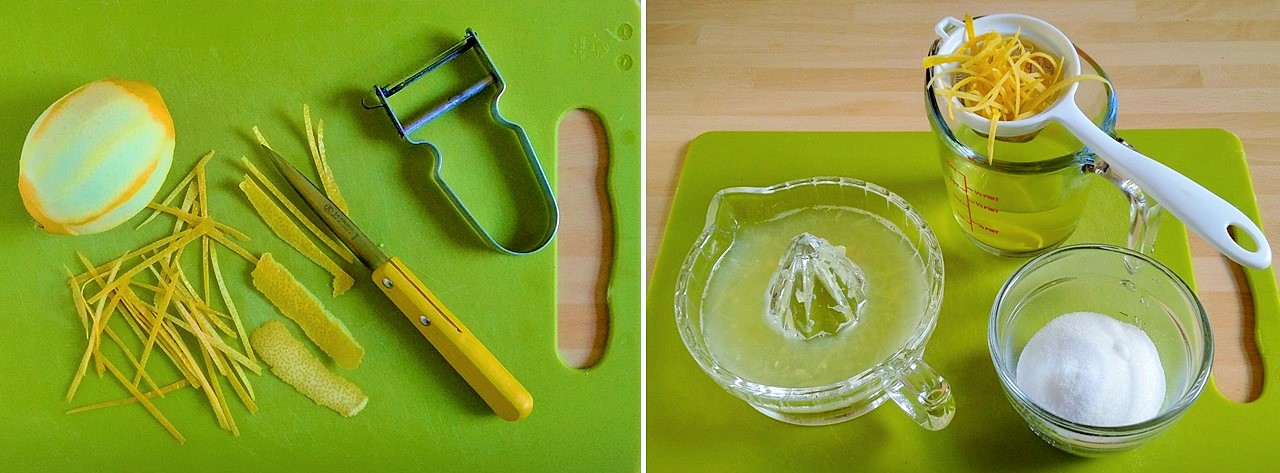 Slicing_pared_lemon_rind_and_making_lemon_syrup
