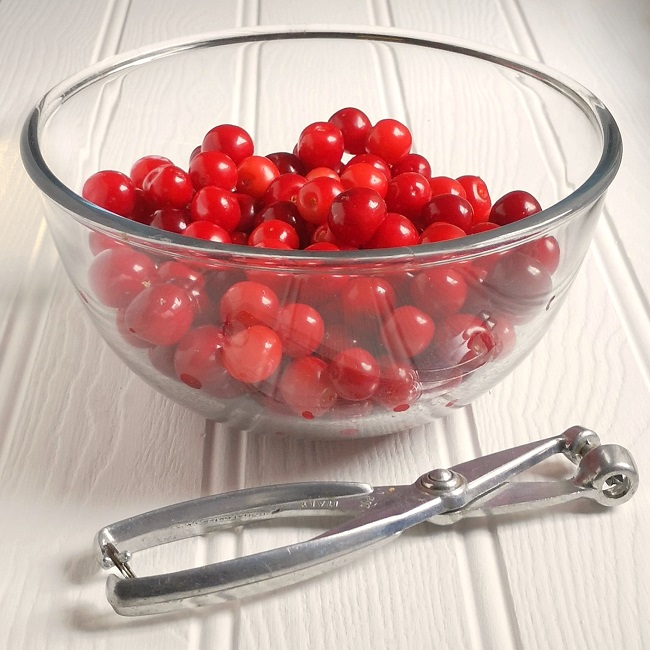Glass_bowl_of_Morello_cherries_with_steel_cherry_stoner
