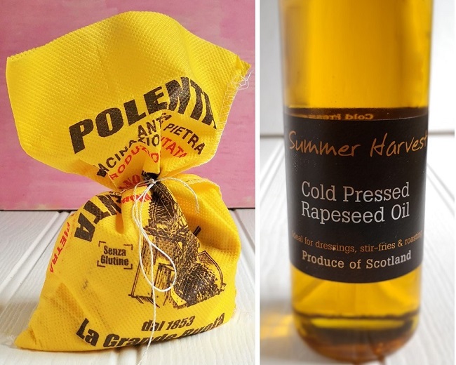 Yellow_sack_of_polenta_grain_and_bottle_of_cold_presse_rapeseed_oil