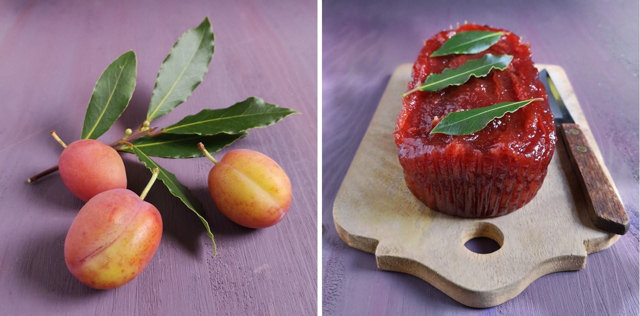 Victoria_plums_and_bay_leaves_with_plum_membrillo