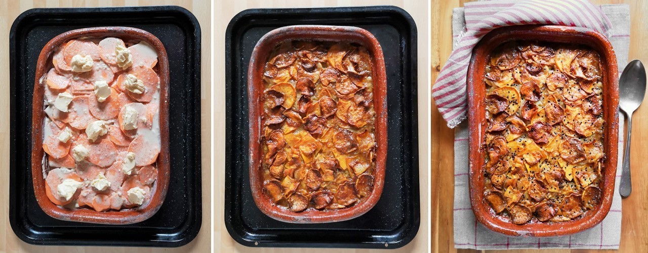 Pre-baking_and_after_baking_root_vegetable_dauphinoise