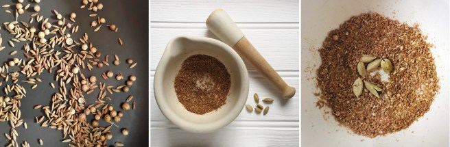 Toasting_cumin_and_coriander_seeds_and_grinding_in_a_pestle_and_mortar