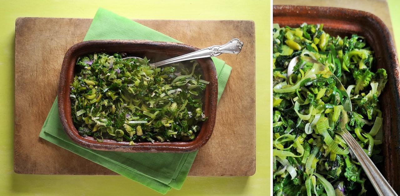 Stir-fried_wild_garlic_mini_kale_leaves_and_leeks