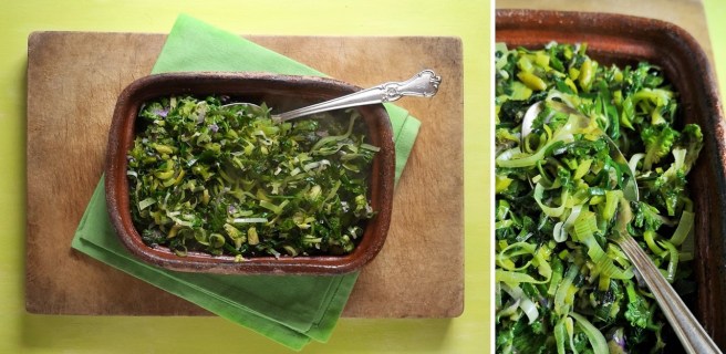Stir-fried_wild_garlic_mini_kale_leaves_and_leeks