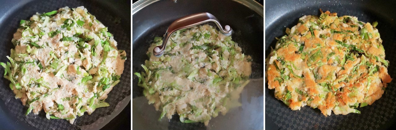 3_images_showing_cooking_spring_vegetable_pancake