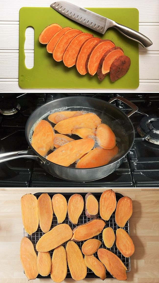 Sliced_sweet_potato_softening_in_simmering_water_and_drying_on_a_wire_rack
