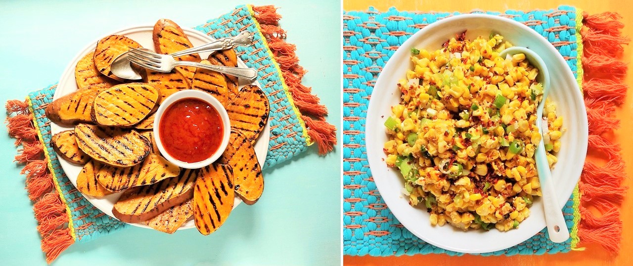 Griddled_sweetcorn_slices_with_barbecue_dressing_alongside_sweetcorn_salsa