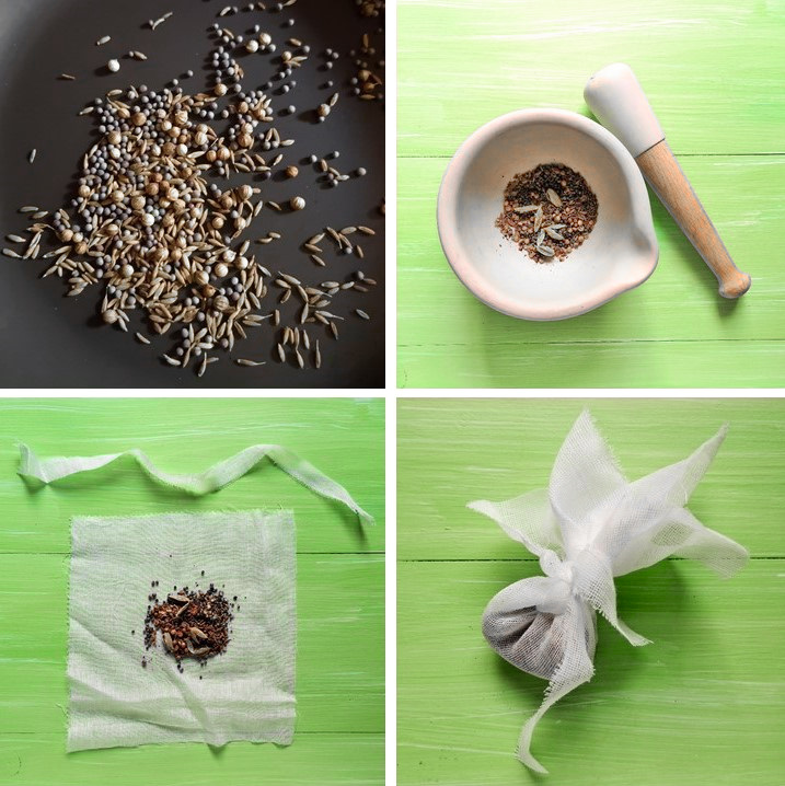 Toasting_spices_then_grinding_in_a_pestle_and_mortar_and_tying_in_a_spice_bag