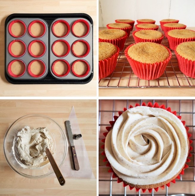 4_images_showing_baking_and_decorating_gingerbread_cupcakes