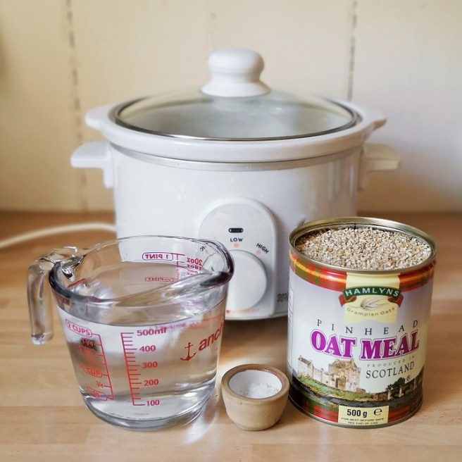 Slow-cooker_oatmeal_porridge_ingredients_water_salt_and_pinhead_oatmeal