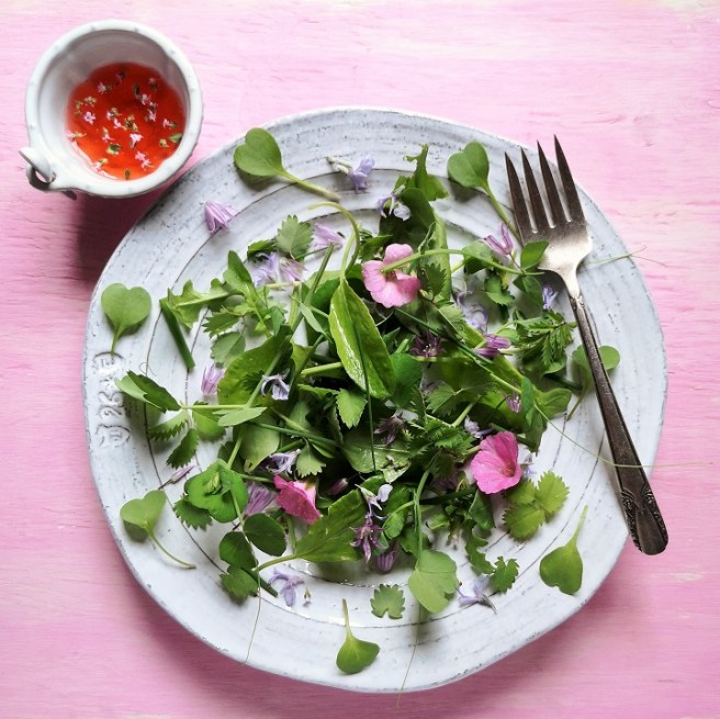 Seasonal_leaves_herbs_and_flowers_on_a_plate_with_dressing