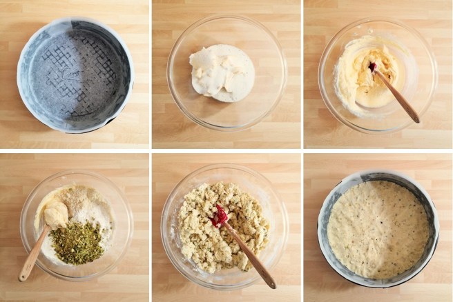Steps_1_to_6_in_the_making_of_raspberry_and_pistachio_crumble_cake