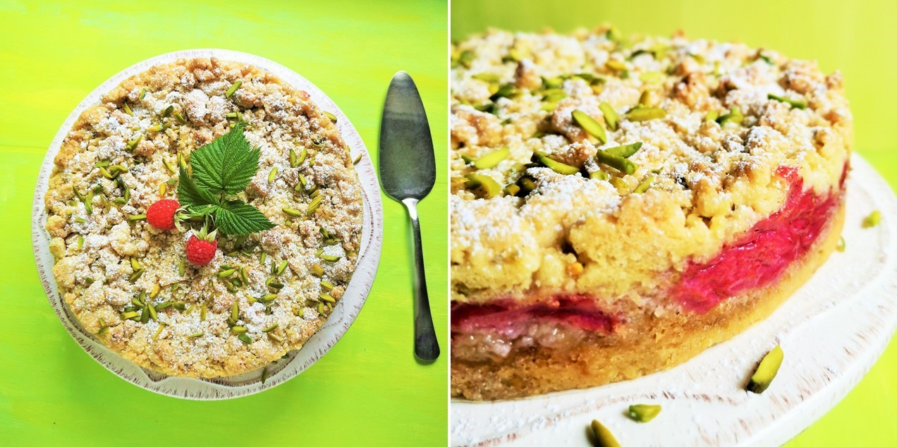 Raspberry_and_pistachio_crumble_cake_overhead_and_side_on