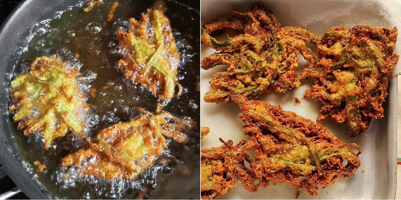 Runner_bean_fritters_bubbling_in_oil_and_draining_after_cooking