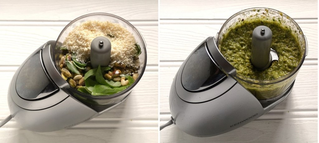Small_food_processor_with_basil_pesto_ingredients_before_and_after_blending