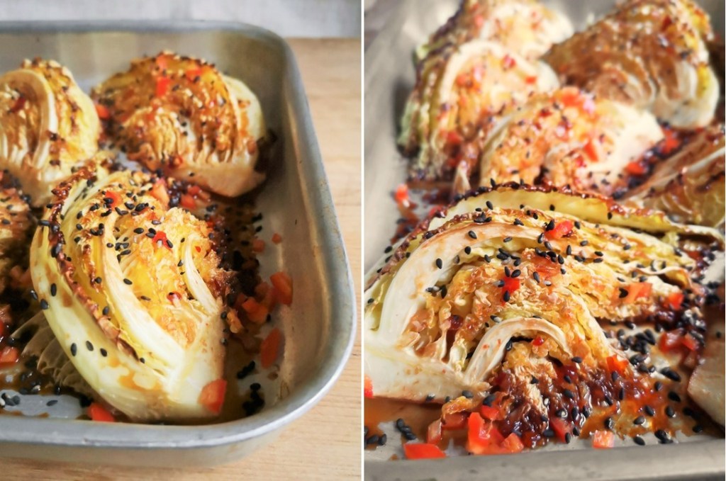 Close-up_on_freshly_baked_Savoy_cabbage_wedges_sprinkled_with_red_chilli_and_black_sesame_seeds