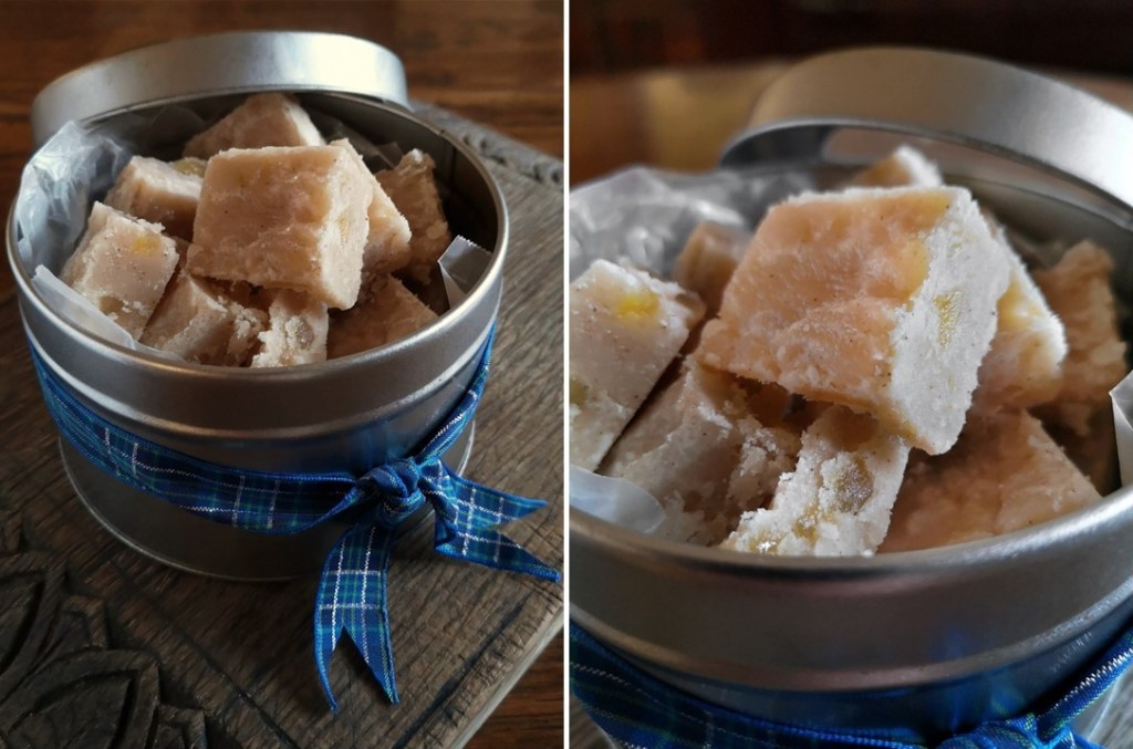Scottish_ginger_tablet_in_a_tin_tied_with_tartan_ribbon