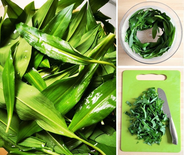 Washing_drying_and_chopping_wild_garlic_leaves