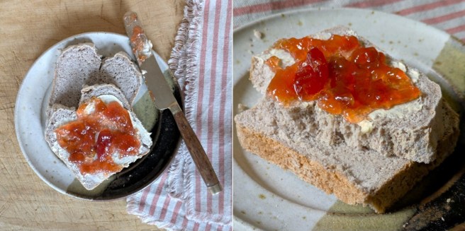 Homemade_gluten-free_dairy-free_vegan_buckwheat_bread_sliced_with_butter_and_jam